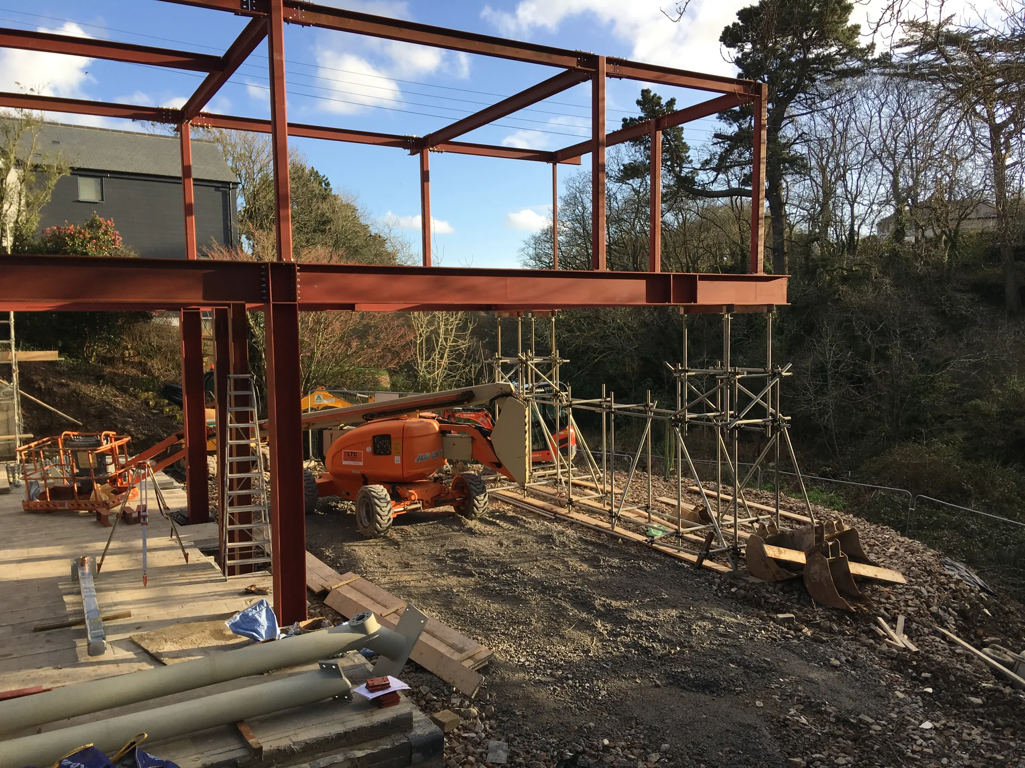 Cantilevered steel frame during construction of Sylvania in Feock, Cornwall
